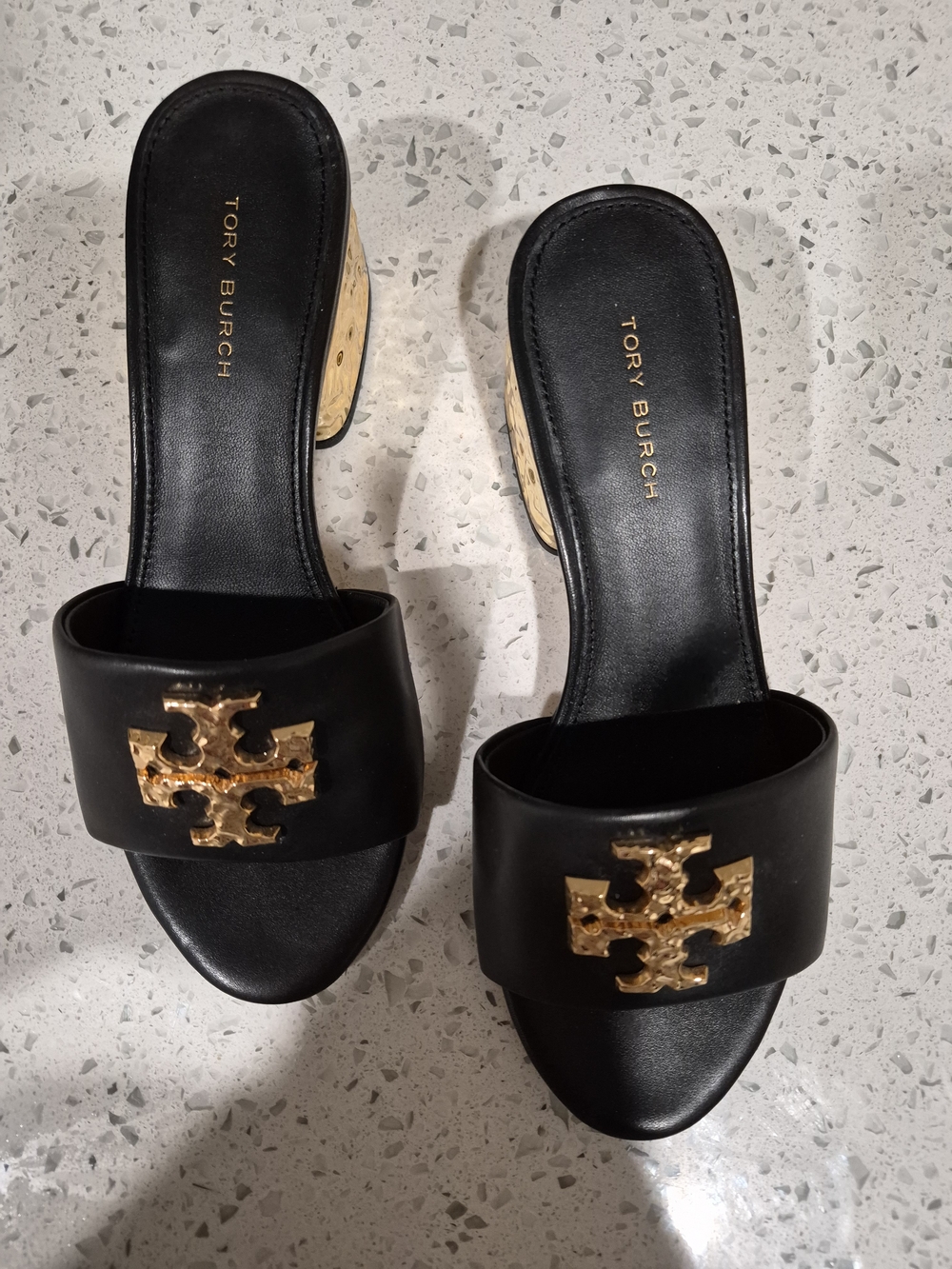 Tory Burch Black Leather Slide Mules with Gold Logo Size 5